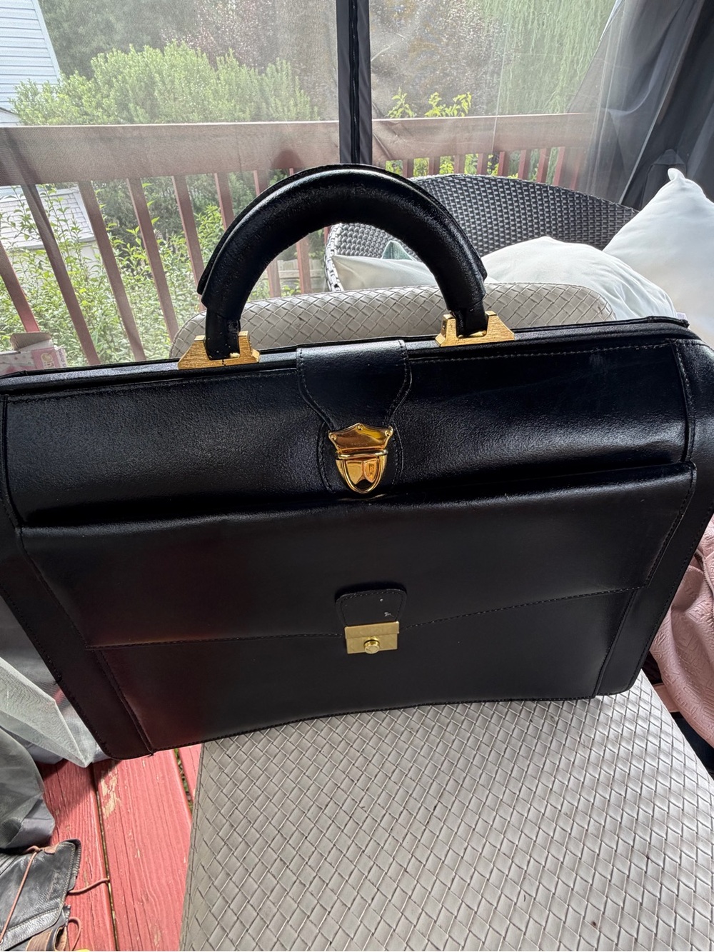 Men's Black Leather Briefcase with Gold Hardware - Classic Professional Style